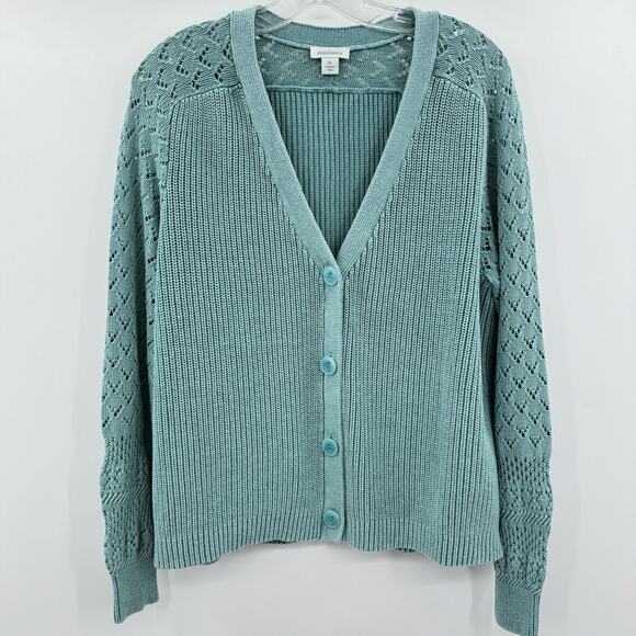 Sundance Pointelle V-Neck Cardigan Sz XL Green Cotton Boho Dainty Boho Relaxed - Picture 1 of 9